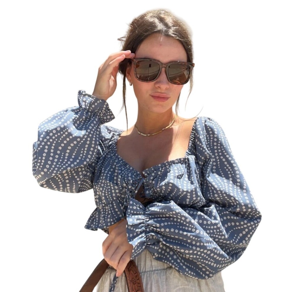 Endless Blu Women's Crop Top Small Blue Floral‎ Long Sleeve Boho Cottagecore